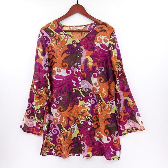 Athleta Dress Medium Multi Tunic Cover Up Mod Psychedelic Leaves Resort - Picture 1 of 14